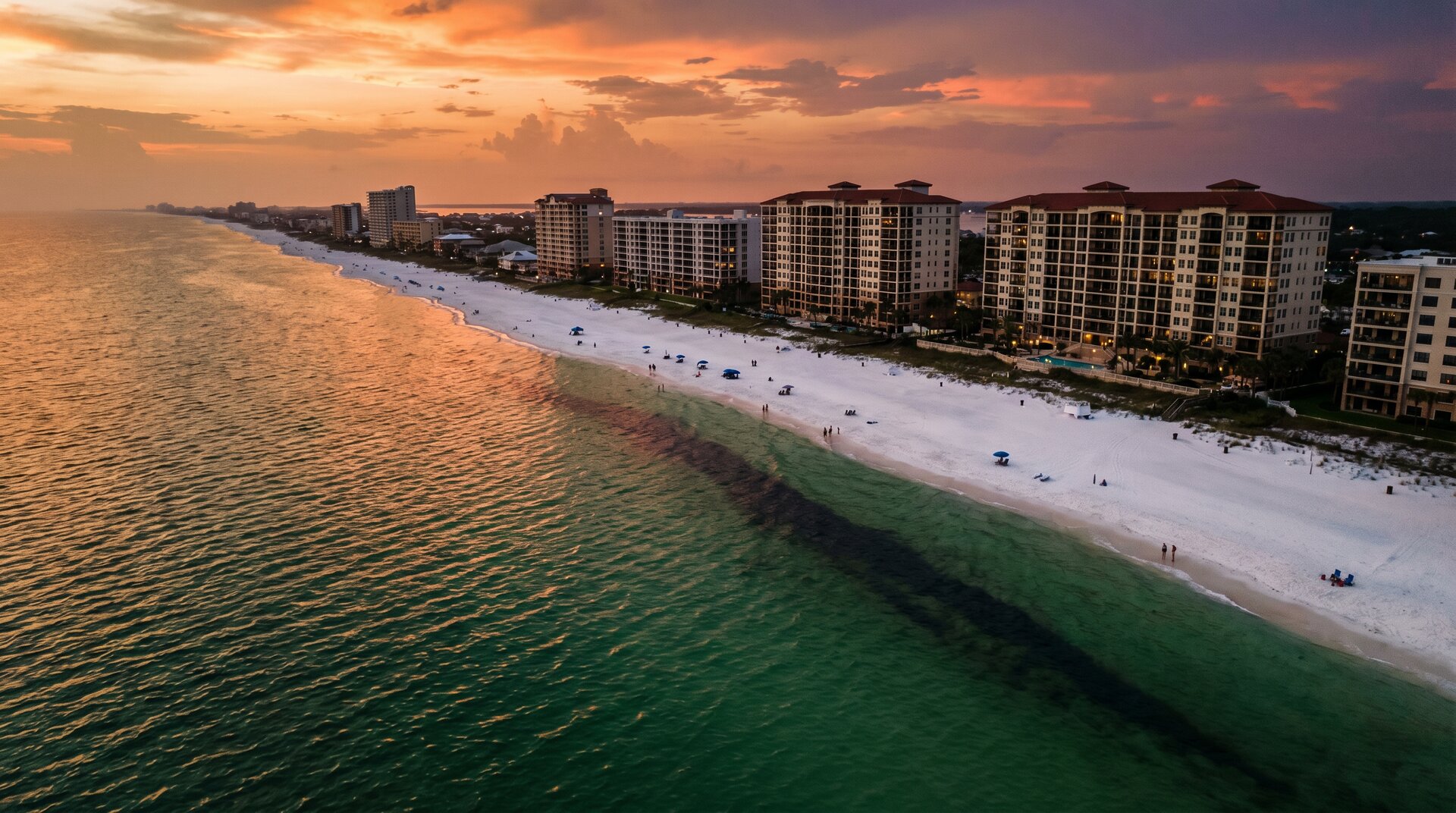 Aerial drone shot of Panama City Beach at sunset