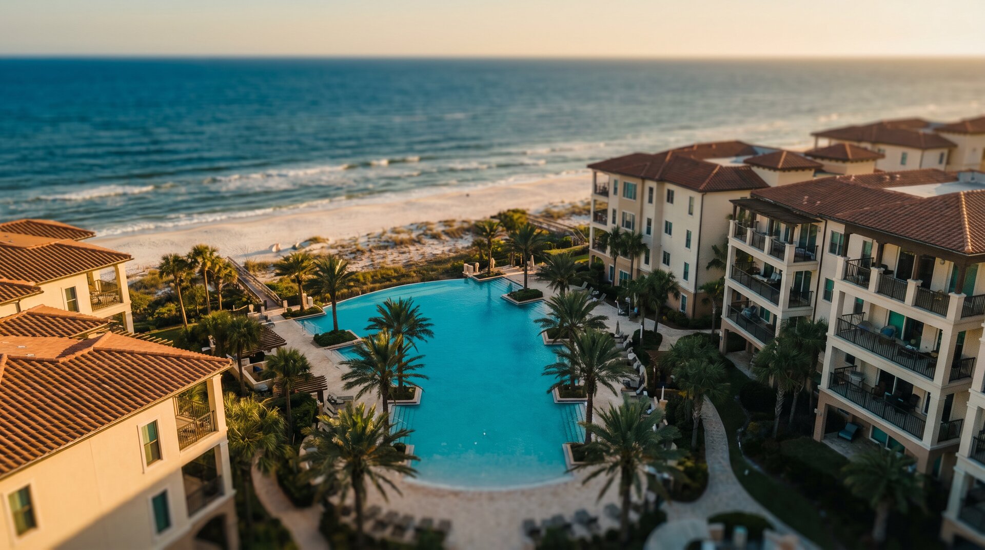 Aerial view of beachfront vacation rental condo with pool