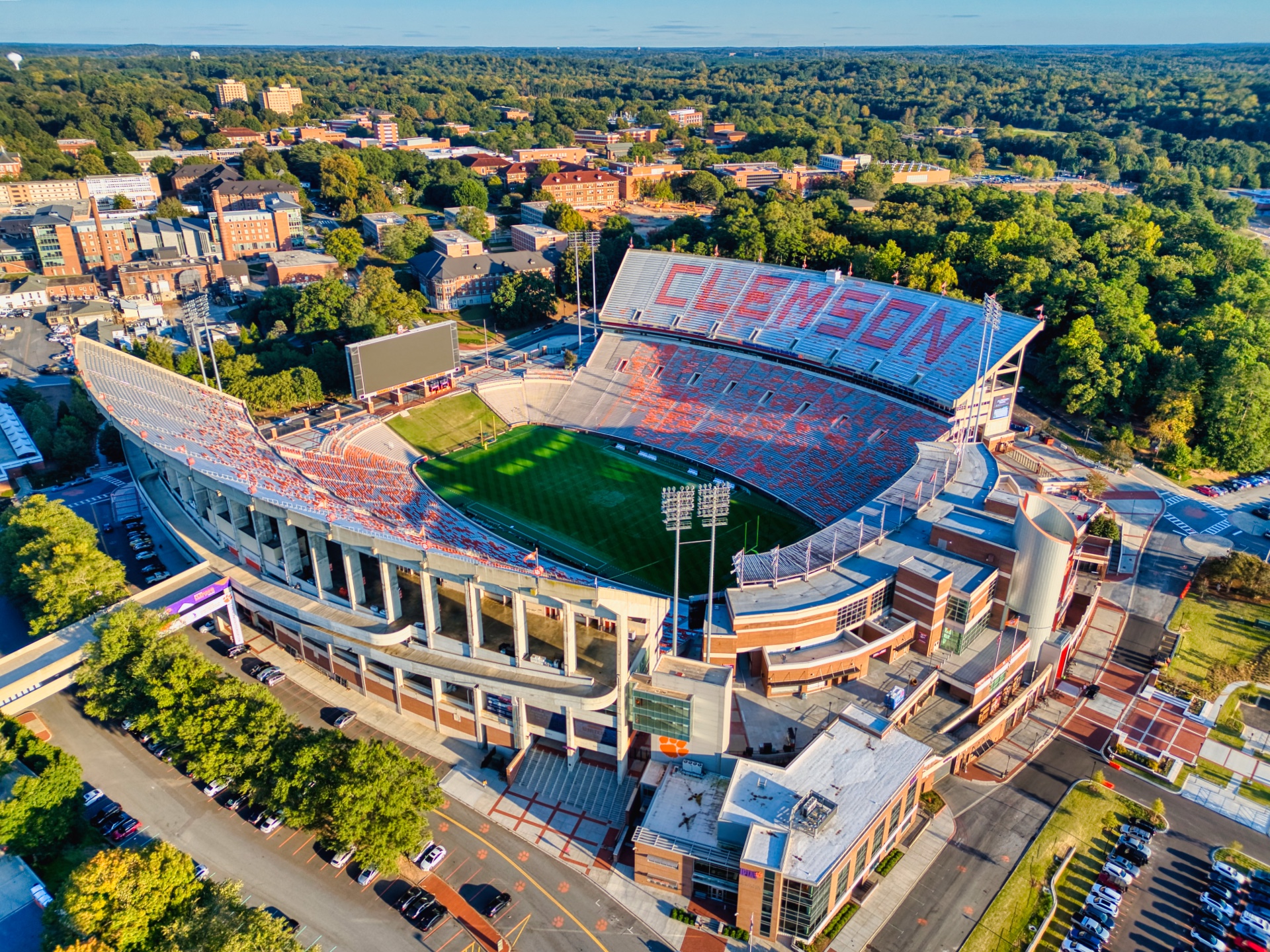 Aerial game day coverage of a packed stadium